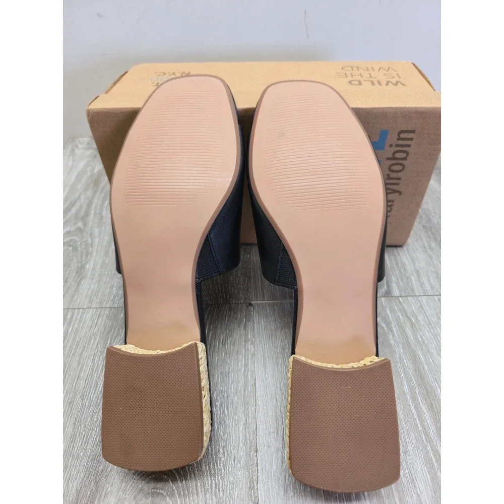 Faryl by Farylrobin Dahlia Black Leather Square Toe Raffia Block Heel Sandals 9M